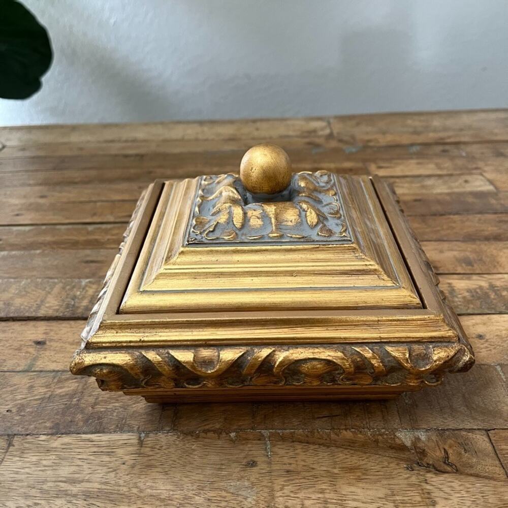Gold Wood Hand Carved Trinket Box Jewelry Holder 7" Velvet Black Interior
